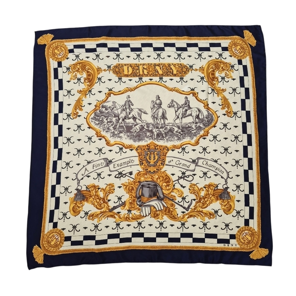 Vintage DKNY Equestrian Hunting Scene Scarf White Gold Navy